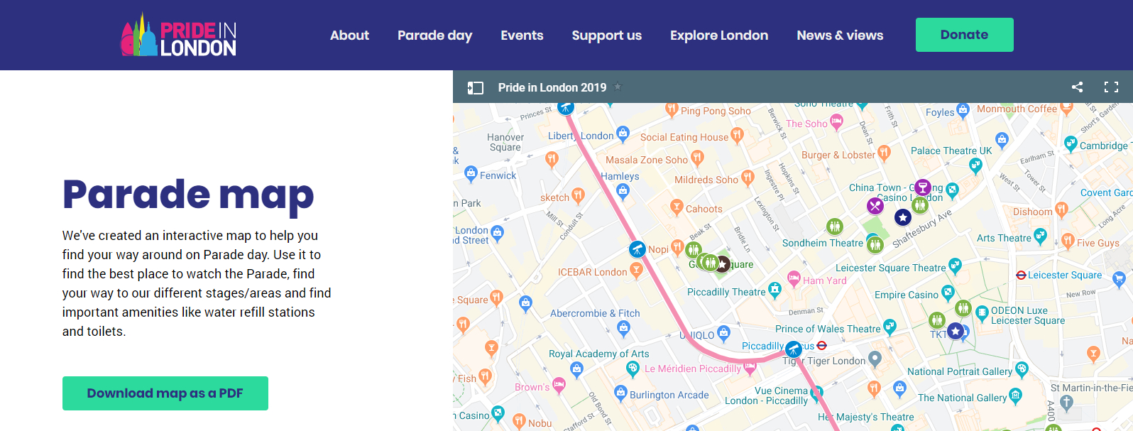 Pride in London webpage map
